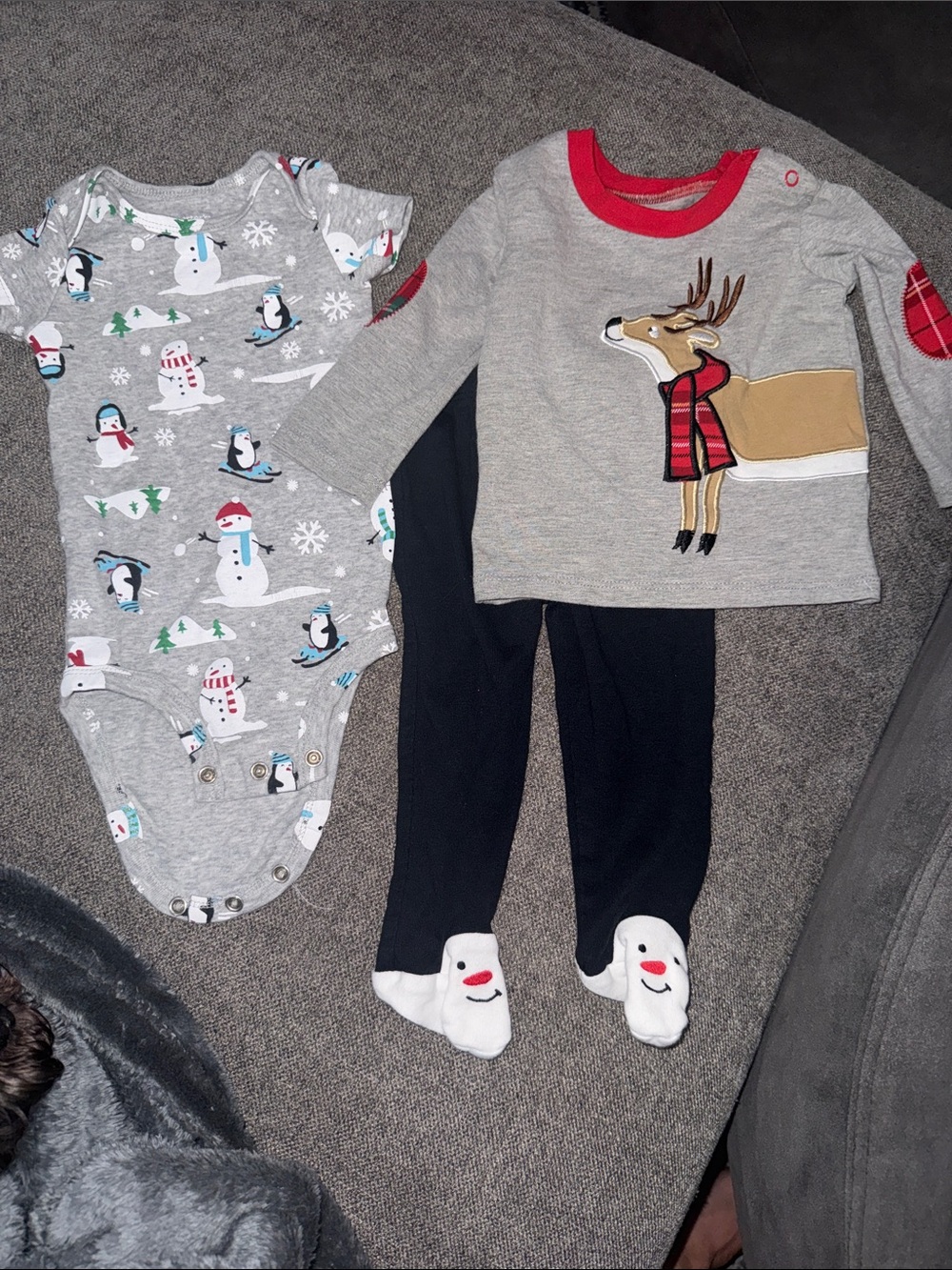 Carter's Gray Snowman & Penguin Christmas Holiday Baby Bodysuit Trio